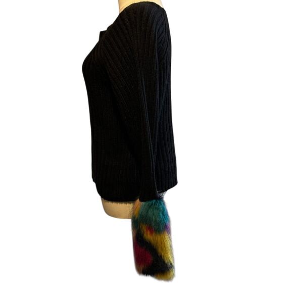 Say What? Sweater Black SZ Med Faux Colorful Fur at Cuffs Grunge Y2K Whimsygoth - Picture 6 of 8